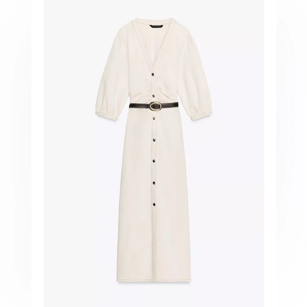Zara Cream Midi Dress with Belt - Picture 7 of 11